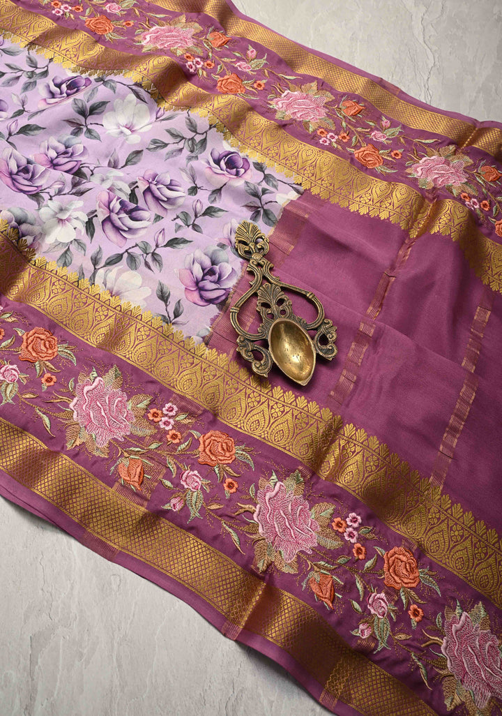 Light Lavender Mysore Silk Saree with Floral Digital Print and Machine Embroidery on Rettaipet Border | SILK MARK CERTIFIED
