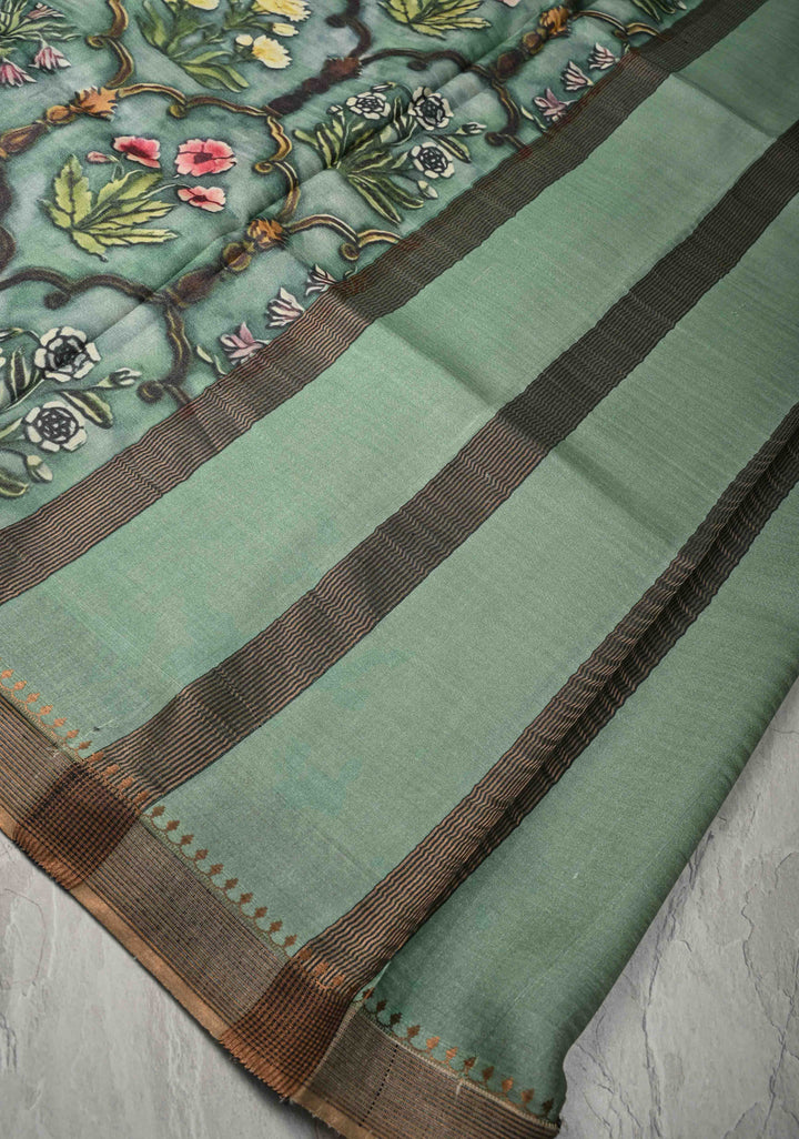 Green Tussar Silk saree with Kalamkari Digital Print and Green Pallu | SILK MARK CERTIFIED (Copy)