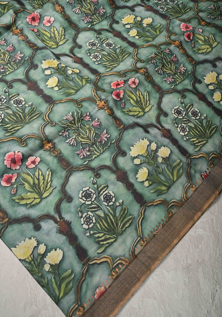 Green Tussar Silk saree with Kalamkari Digital Print and Green Pallu | SILK MARK CERTIFIED (Copy)