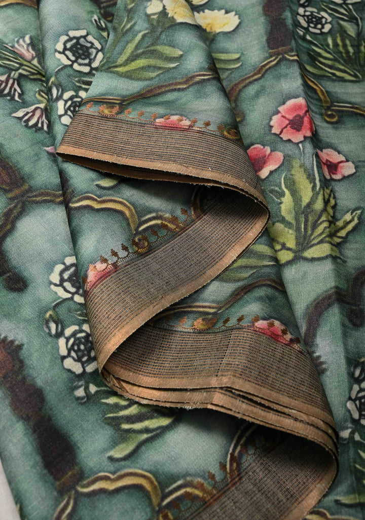 Green Tussar Silk saree with Kalamkari Digital Print and Green Pallu | SILK MARK CERTIFIED (Copy)