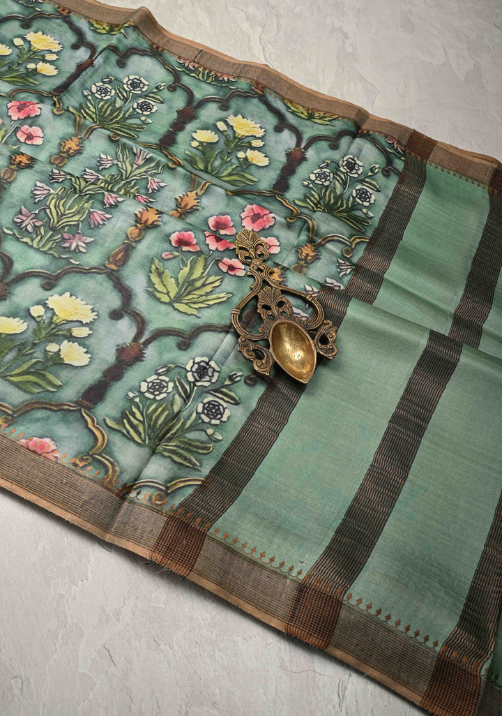 Green Tussar Silk saree with Kalamkari Digital Print and Green Pallu | SILK MARK CERTIFIED (Copy)