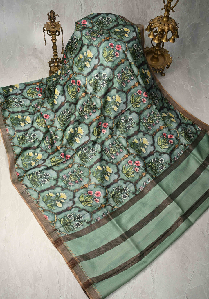 Green Tussar Silk saree with Kalamkari Digital Print and Green Pallu | SILK MARK CERTIFIED (Copy)