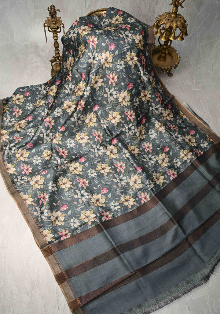 Bluish Gray Tussar Silk saree with Floral Digital Print and Minimal Muted Zari Border | SILK MARK CERTIFIED