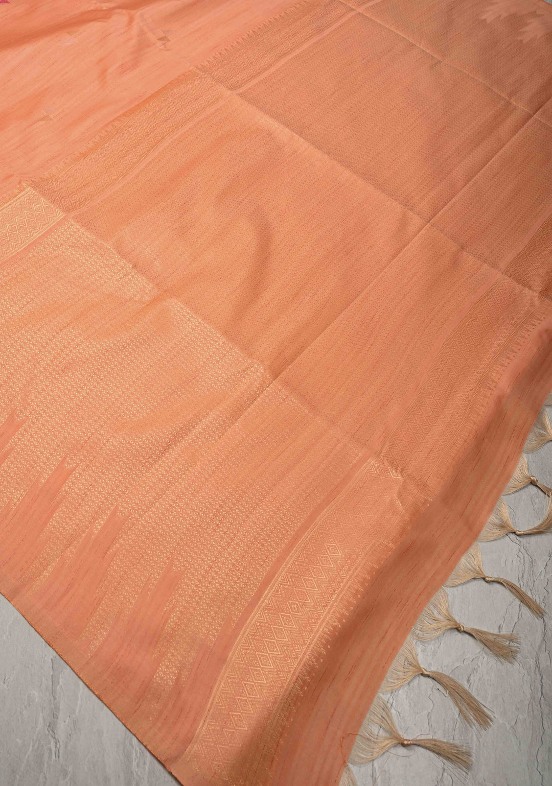 Peach Kanchi Semi Silk Saree with Meenakari  Buttas and Multicolor Temple Border