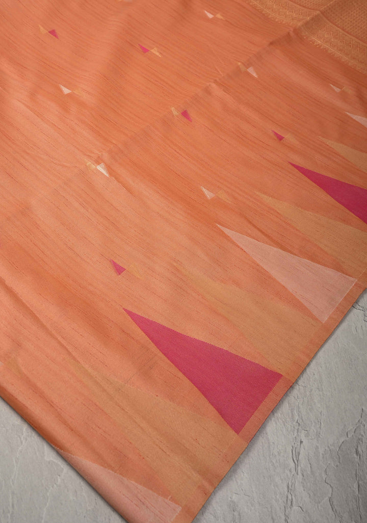 Peach Kanchi Semi Silk Saree with Meenakari  Buttas and Multicolor Temple Border