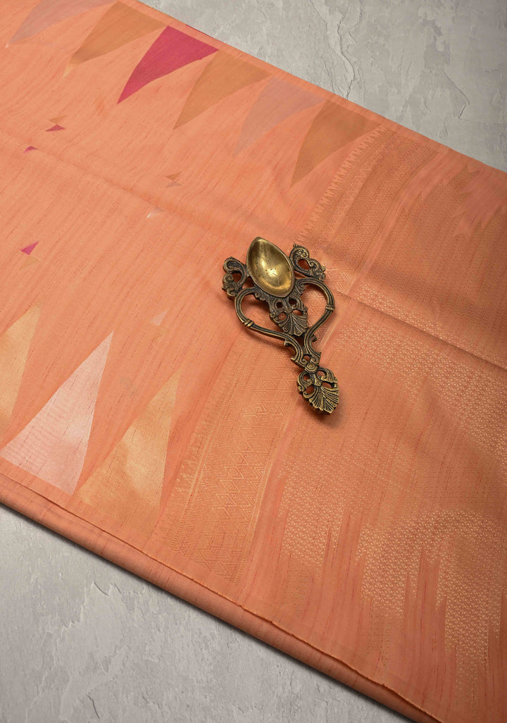 Peach Kanchi Semi Silk Saree with Meenakari  Buttas and Multicolor Temple Border