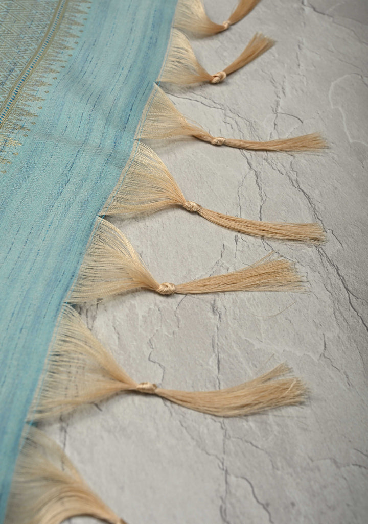 Teal Mist Kanchi Semi Silk Saree with Meenakari  Buttas and Multicolor Temple Border