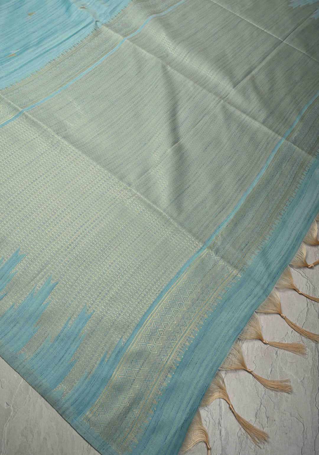 Teal Mist Kanchi Semi Silk Saree with Meenakari  Buttas and Multicolor Temple Border