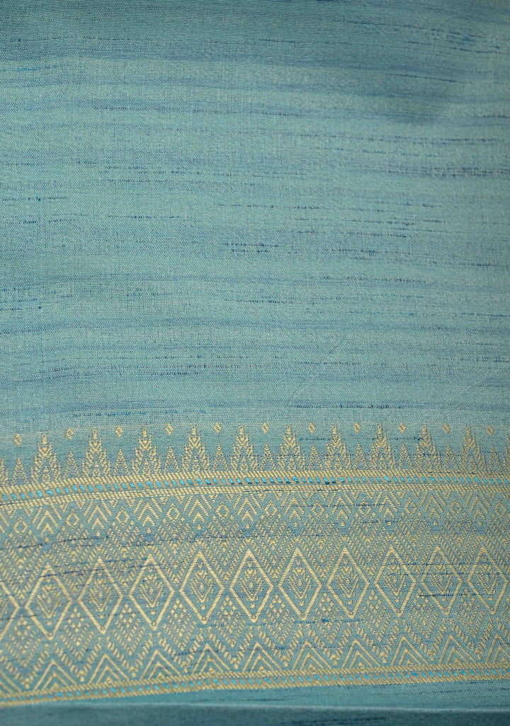 Teal Mist Kanchi Semi Silk Saree with Meenakari  Buttas and Multicolor Temple Border