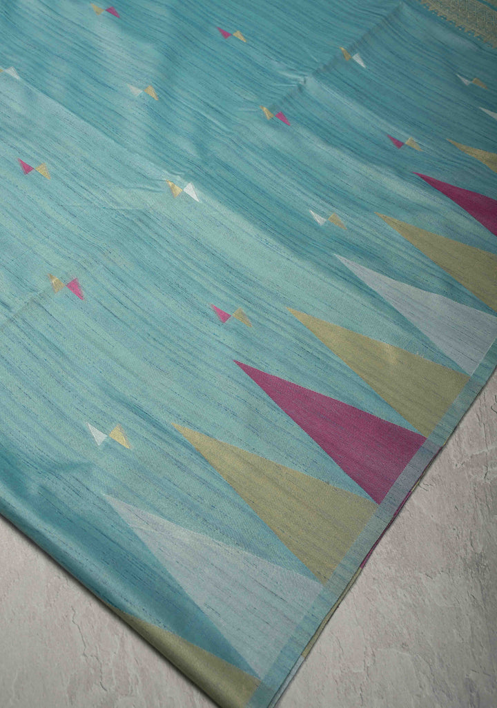 Teal Mist Kanchi Semi Silk Saree with Meenakari  Buttas and Multicolor Temple Border