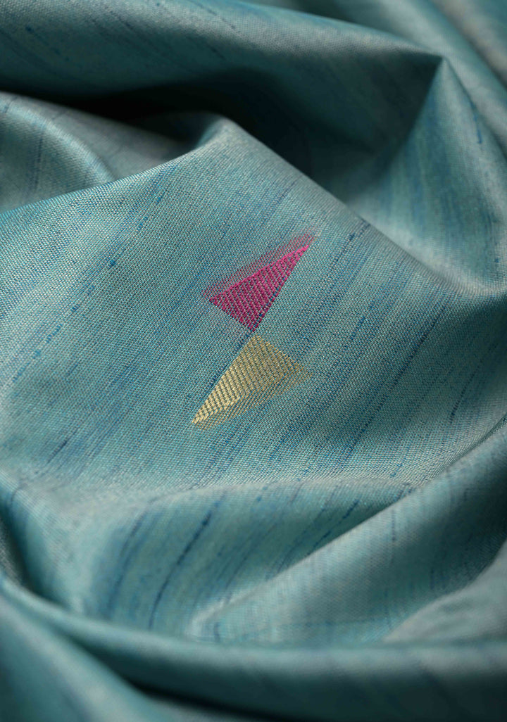 Teal Mist Kanchi Semi Silk Saree with Meenakari  Buttas and Multicolor Temple Border