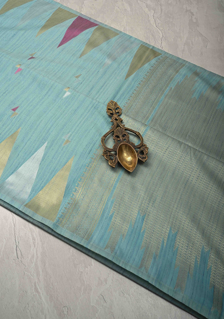 Teal Mist Kanchi Semi Silk Saree with Meenakari  Buttas and Multicolor Temple Border