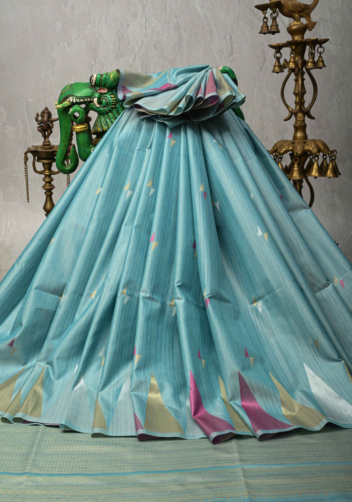 Teal Mist Kanchi Semi Silk Saree with Meenakari  Buttas and Multicolor Temple Border