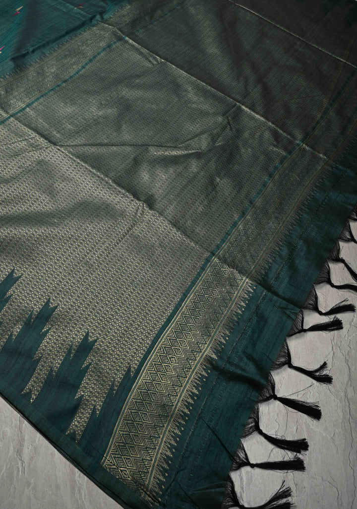 Bottle Green Kanchi Semi Silk Saree with Meenakari  Buttas and Multicolor Temple Border