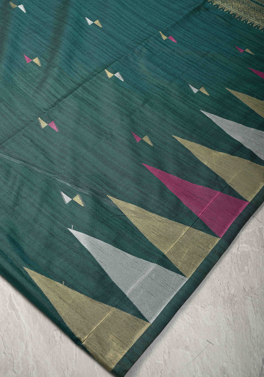 Bottle Green Kanchi Semi Silk Saree with Meenakari  Buttas and Multicolor Temple Border