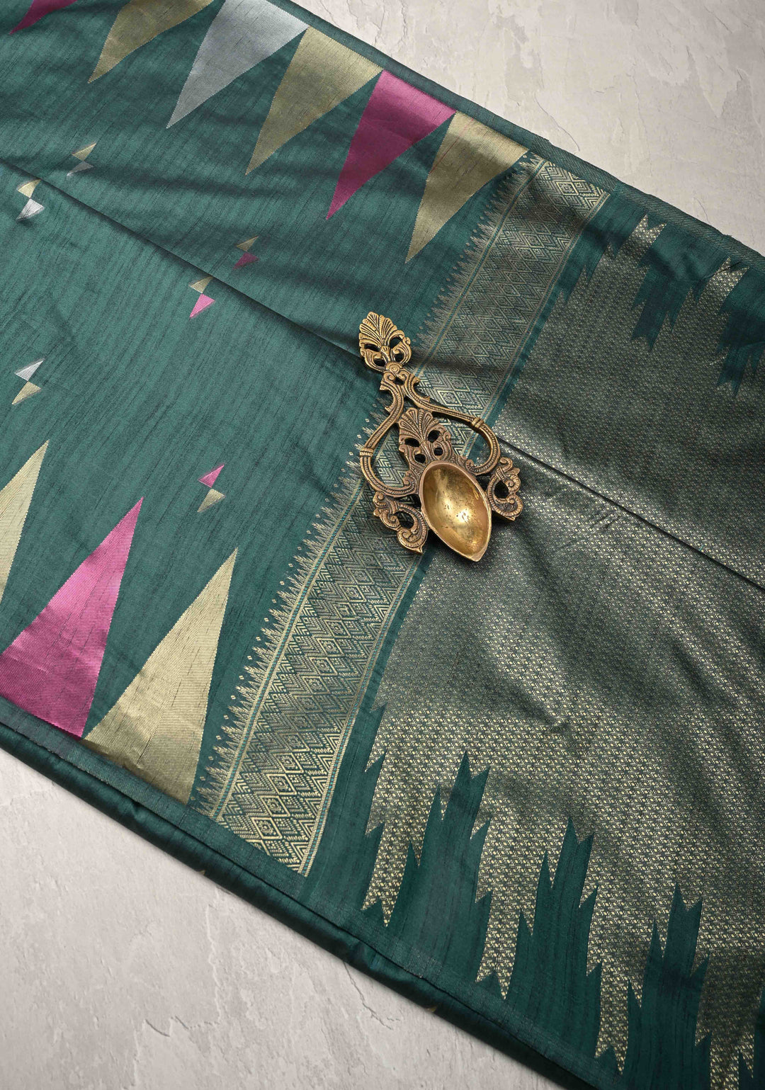 Bottle Green Kanchi Semi Silk Saree with Meenakari  Buttas and Multicolor Temple Border