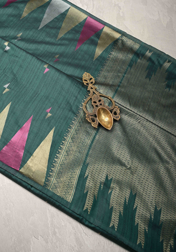 Bottle Green Kanchi Semi Silk Saree with Meenakari  Buttas and Multicolor Temple Border