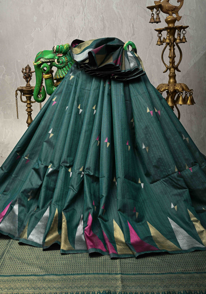 Bottle Green Kanchi Semi Silk Saree with Meenakari  Buttas and Multicolor Temple Border