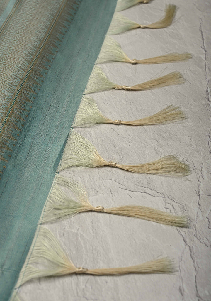 Sage Green Kanchi Semi Silk Saree with Meenakari  Buttas and Multicolor Temple Border