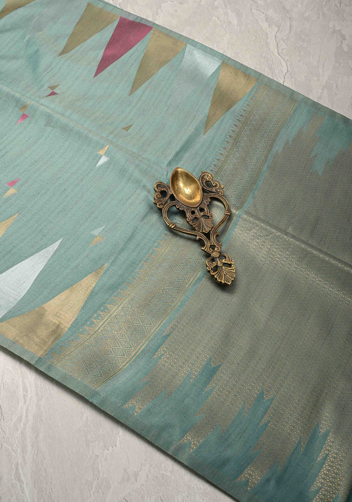 Sage Green Kanchi Semi Silk Saree with Meenakari  Buttas and Multicolor Temple Border