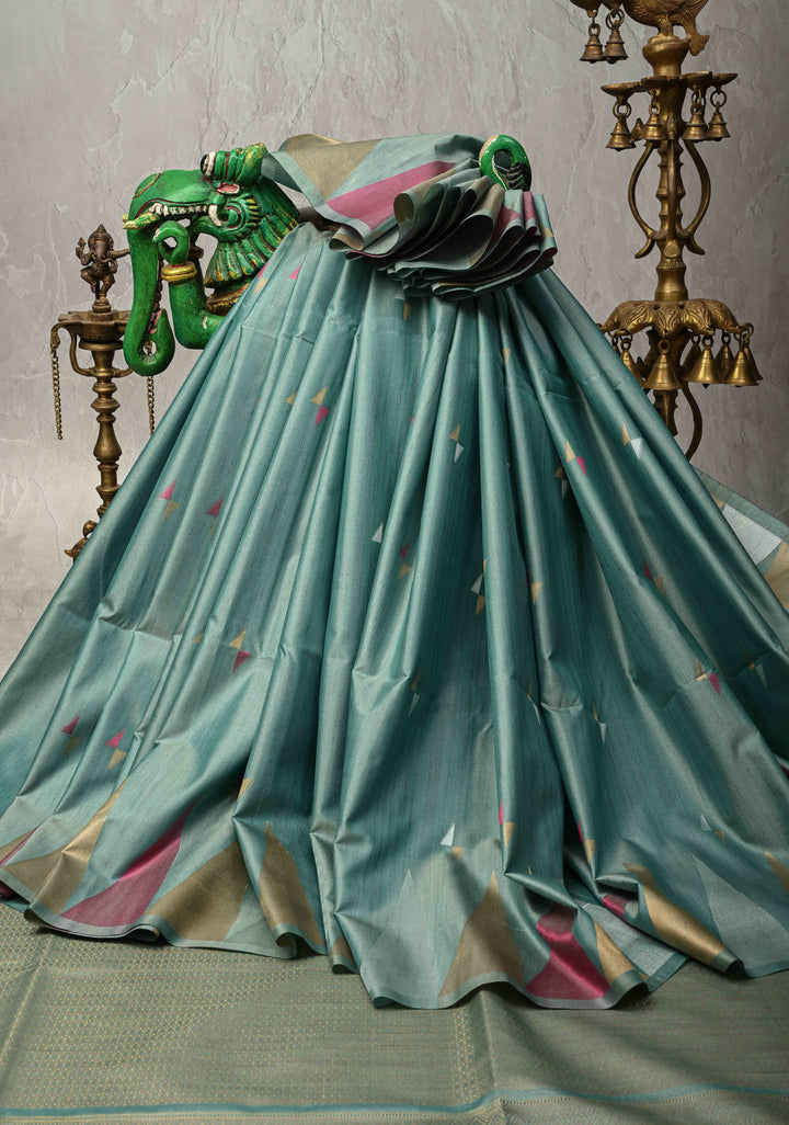 Sage Green Kanchi Semi Silk Saree with Meenakari  Buttas and Multicolor Temple Border