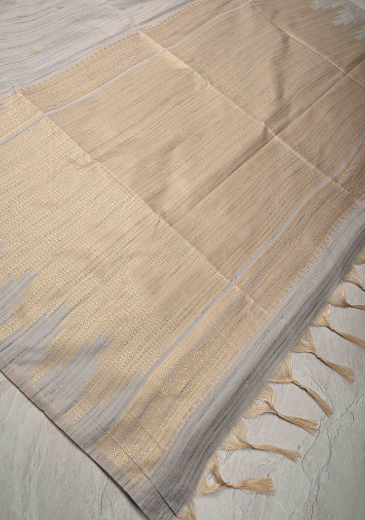 Grey Kanchi Semi Silk Saree with Meenakari  Buttas and Multicolor Temple Border
