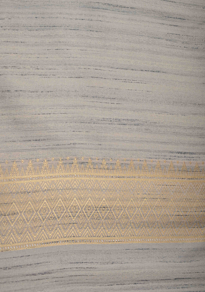 Grey Kanchi Semi Silk Saree with Meenakari  Buttas and Multicolor Temple Border