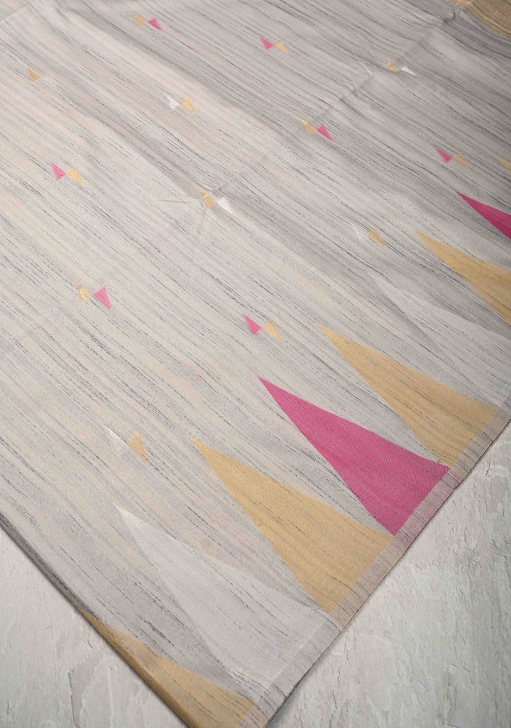 Grey Kanchi Semi Silk Saree with Meenakari  Buttas and Multicolor Temple Border