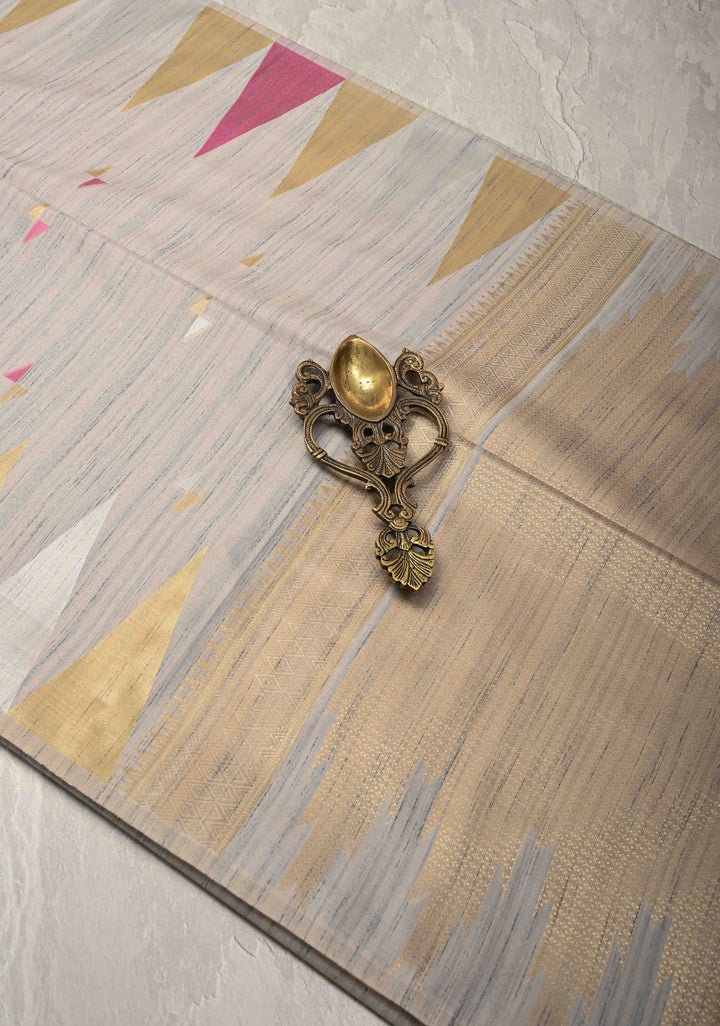 Grey Kanchi Semi Silk Saree with Meenakari  Buttas and Multicolor Temple Border