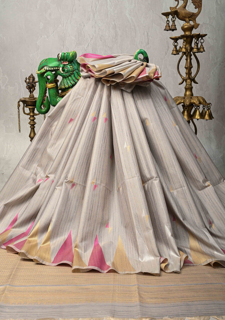 Grey Kanchi Semi Silk Saree with Meenakari  Buttas and Multicolor Temple Border