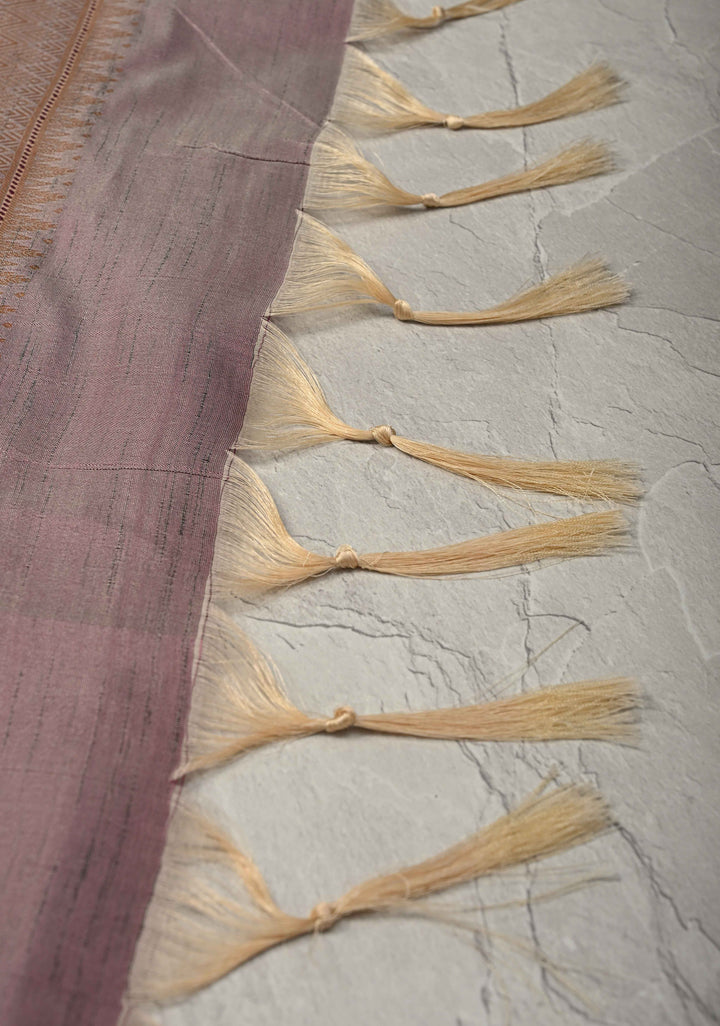 Dusty Mauve Kanchi Semi Silk Saree with Meenakari  Buttas and Multicolor Temple Border