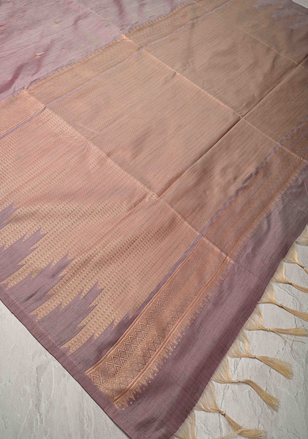 Dusty Mauve Kanchi Semi Silk Saree with Meenakari  Buttas and Multicolor Temple Border