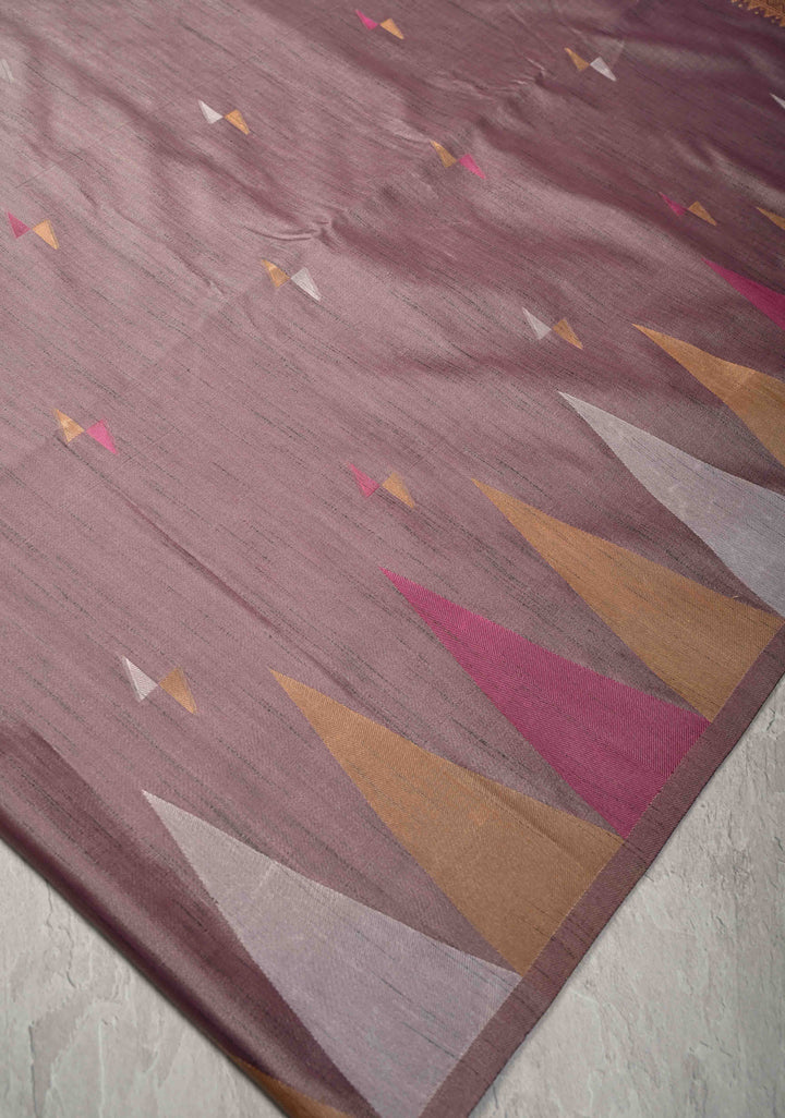 Dusty Mauve Kanchi Semi Silk Saree with Meenakari  Buttas and Multicolor Temple Border