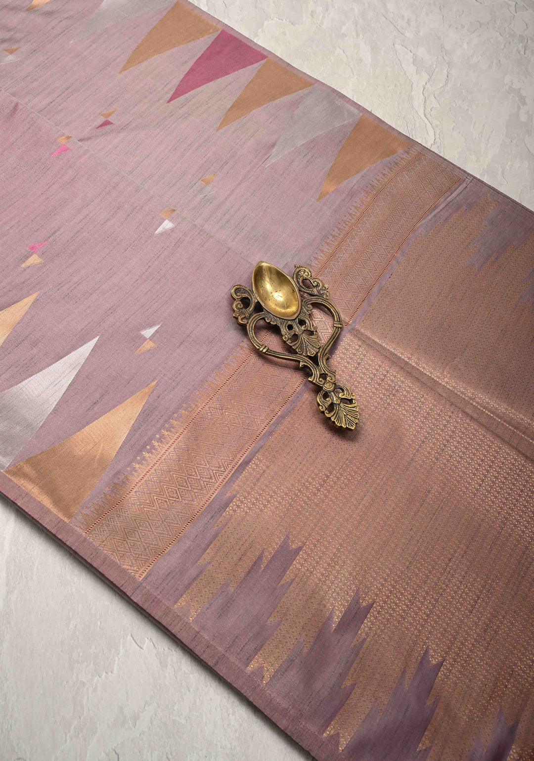 Dusty Mauve Kanchi Semi Silk Saree with Meenakari  Buttas and Multicolor Temple Border