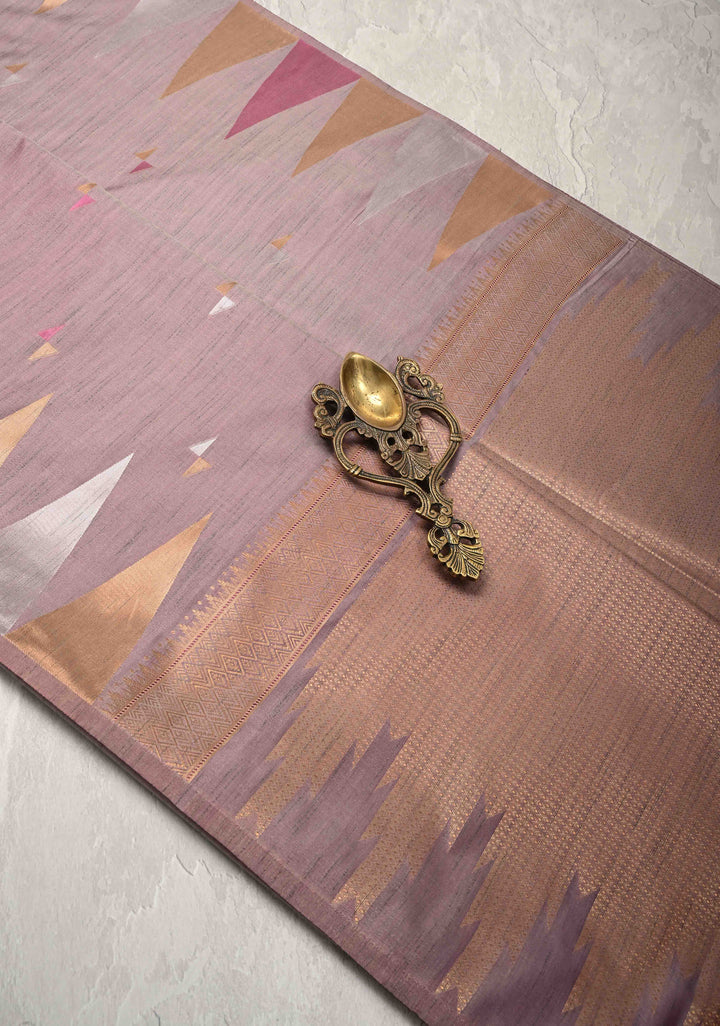 Dusty Mauve Kanchi Semi Silk Saree with Meenakari  Buttas and Multicolor Temple Border