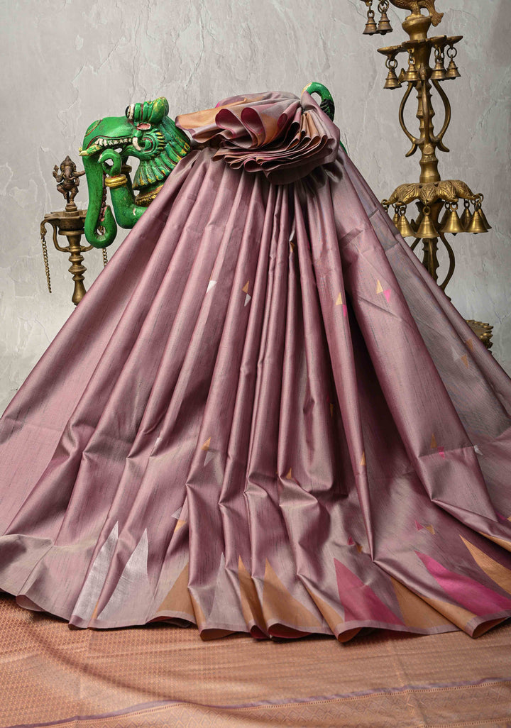 Dusty Mauve Kanchi Semi Silk Saree with Meenakari  Buttas and Multicolor Temple Border