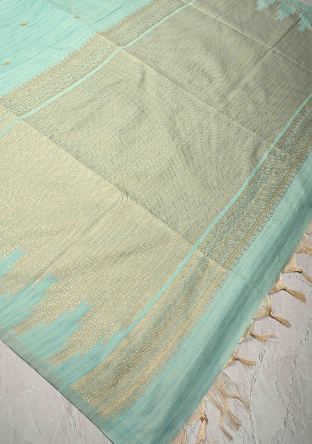 Seafoam Green Kanchi Semi Silk Saree with Meenakari  Buttas and Multicolor Temple Border
