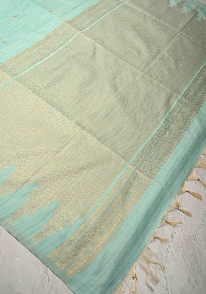 Seafoam Green Kanchi Semi Silk Saree with Meenakari  Buttas and Multicolor Temple Border