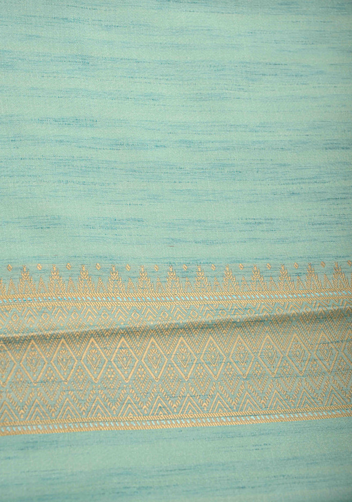 Seafoam Green Kanchi Semi Silk Saree with Meenakari  Buttas and Multicolor Temple Border