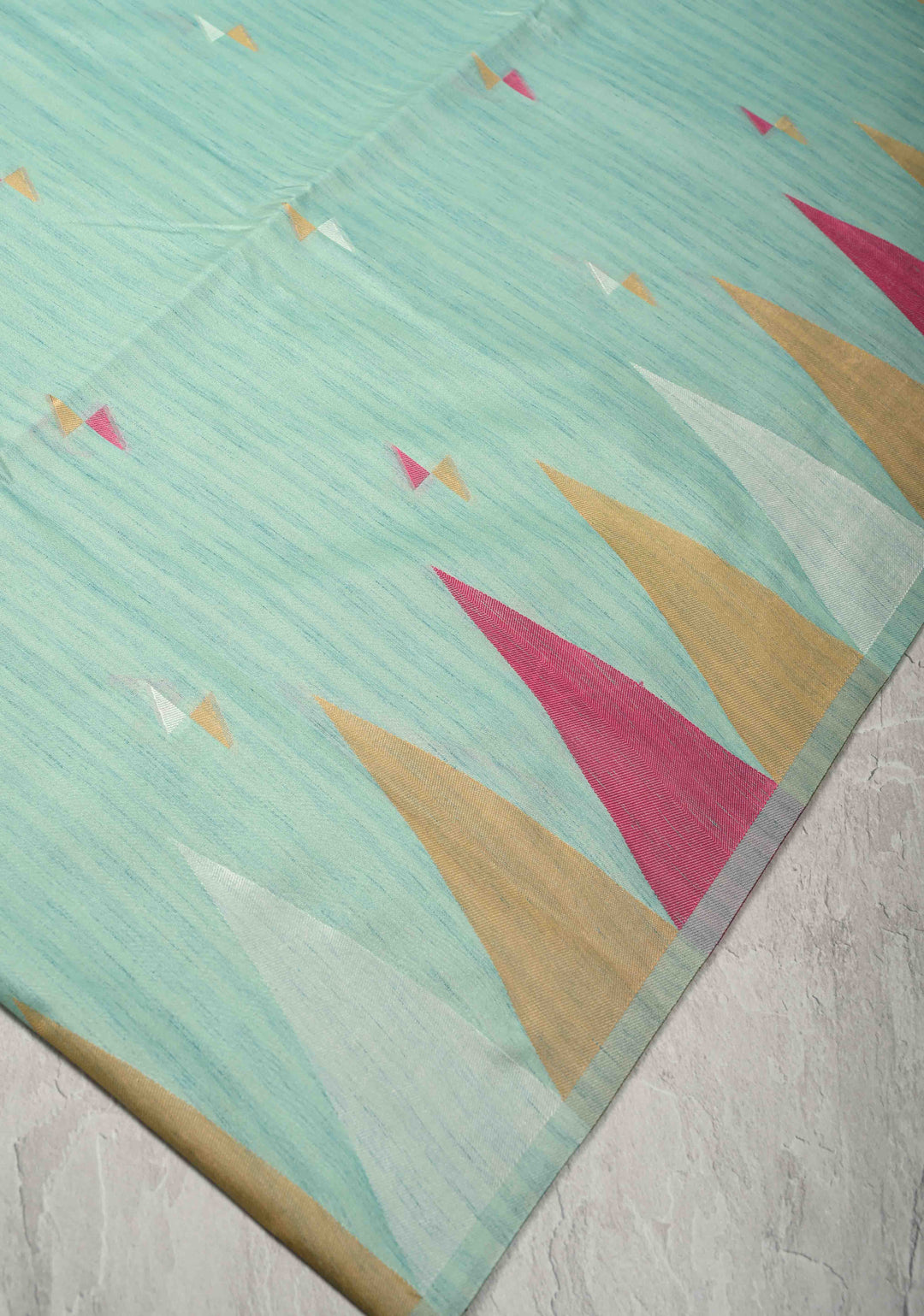Seafoam Green Kanchi Semi Silk Saree with Meenakari  Buttas and Multicolor Temple Border