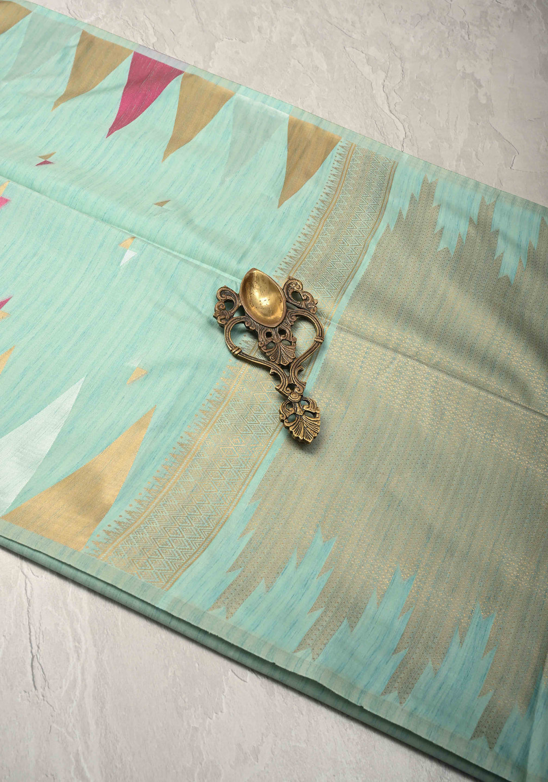 Seafoam Green Kanchi Semi Silk Saree with Meenakari  Buttas and Multicolor Temple Border