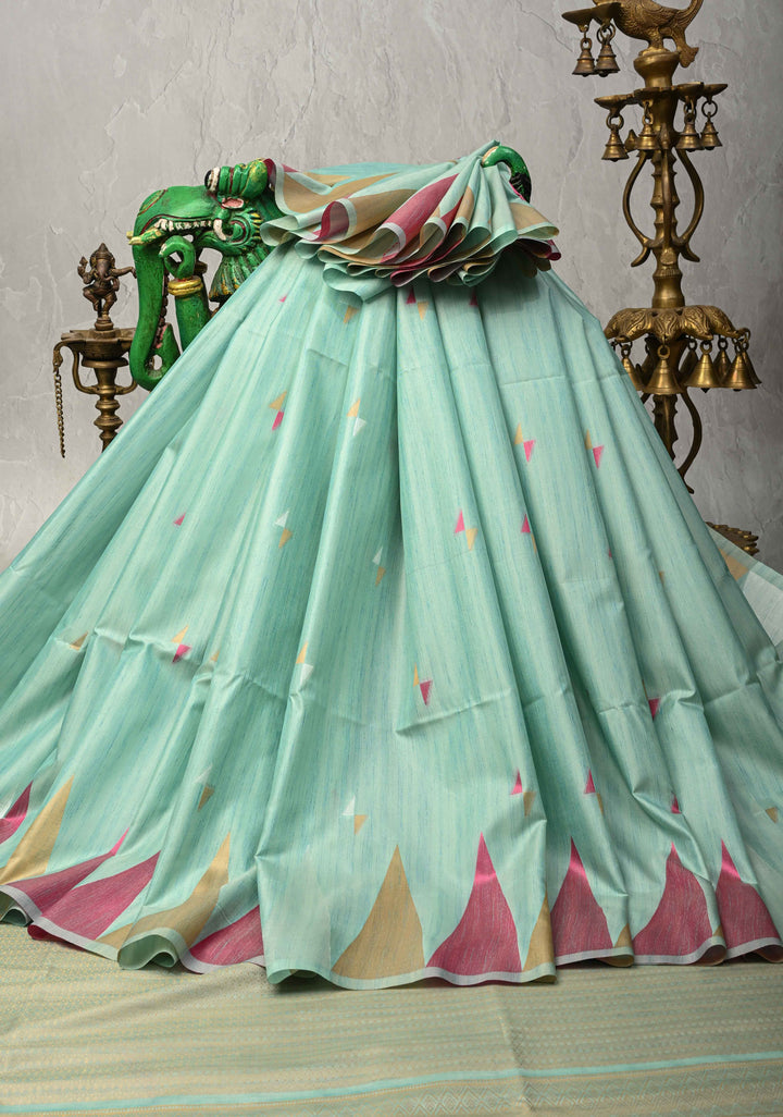 Seafoam Green Kanchi Semi Silk Saree with Meenakari  Buttas and Multicolor Temple Border