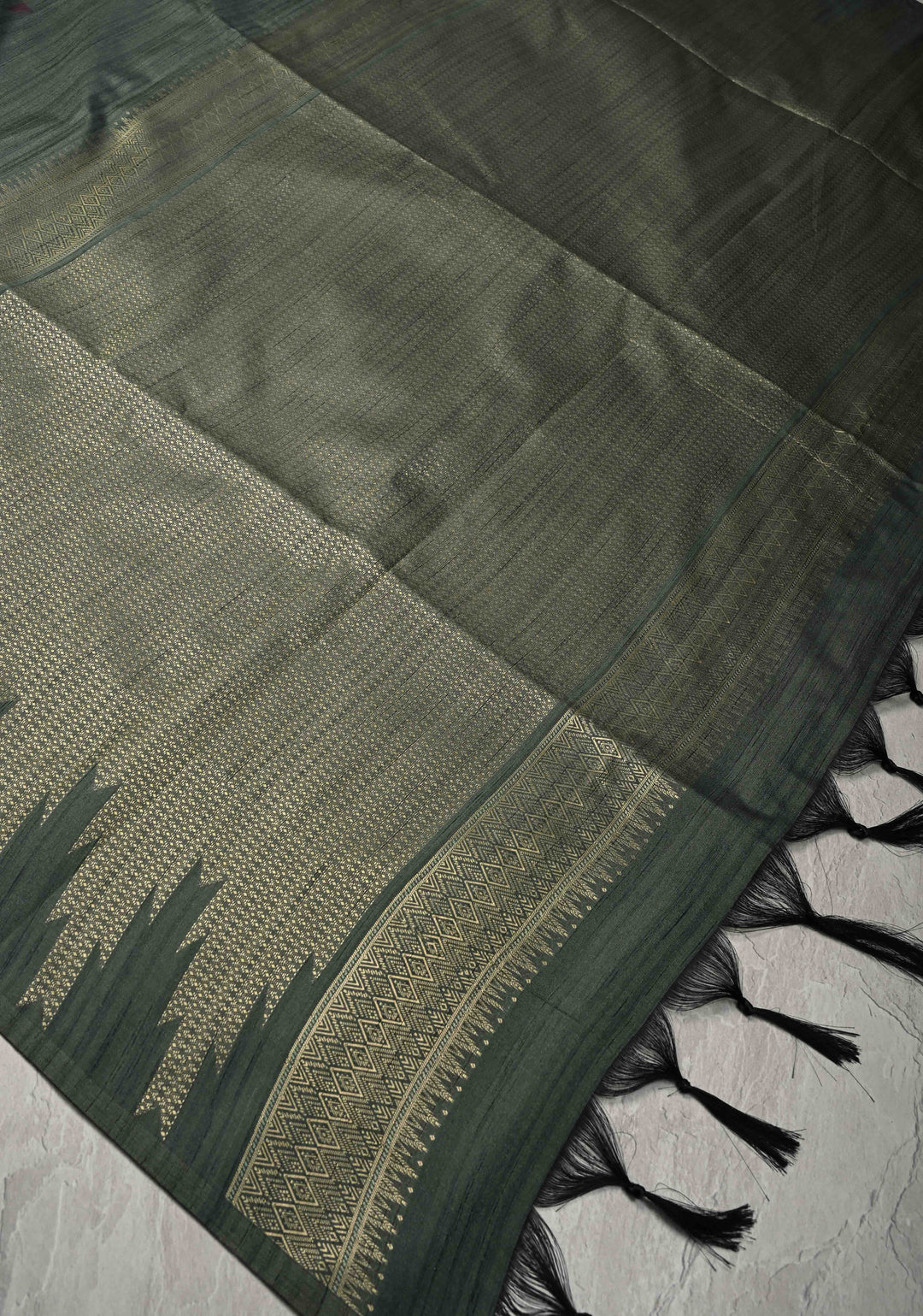 Green Kanchi Semi Silk Saree with Meenakari  Buttas and Multicolor Temple Border