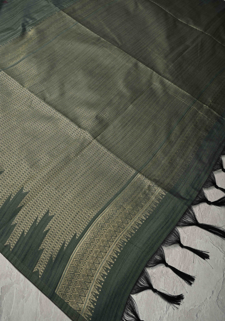 Green Kanchi Semi Silk Saree with Meenakari  Buttas and Multicolor Temple Border
