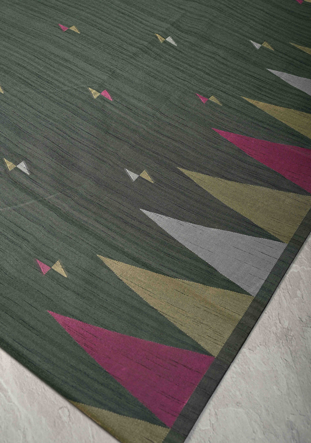 Green Kanchi Semi Silk Saree with Meenakari  Buttas and Multicolor Temple Border