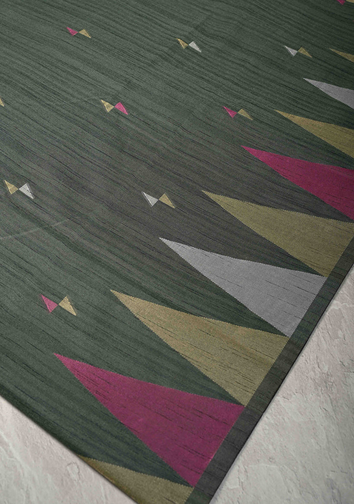 Green Kanchi Semi Silk Saree with Meenakari  Buttas and Multicolor Temple Border