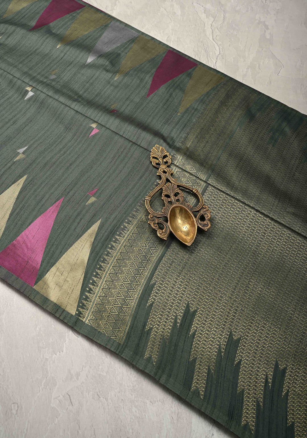 Green Kanchi Semi Silk Saree with Meenakari  Buttas and Multicolor Temple Border
