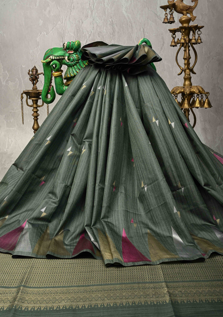 Green Kanchi Semi Silk Saree with Meenakari  Buttas and Multicolor Temple Border