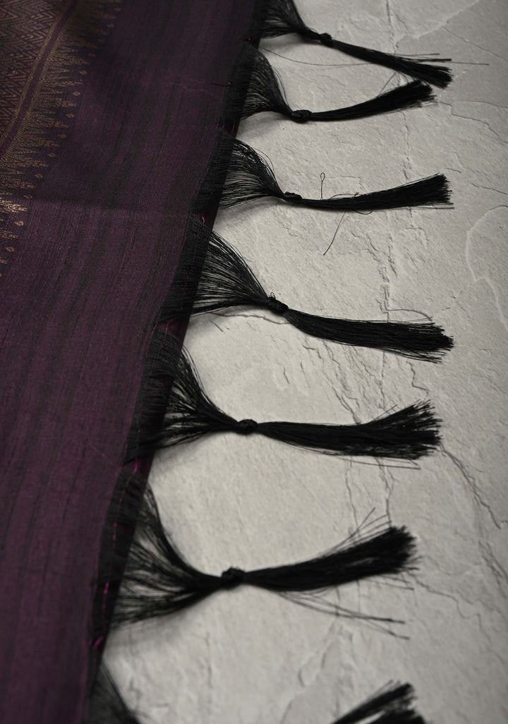 Dark Purple Kanchi Semi Silk Saree with Meenakari  Buttas and Multicolor Temple Border