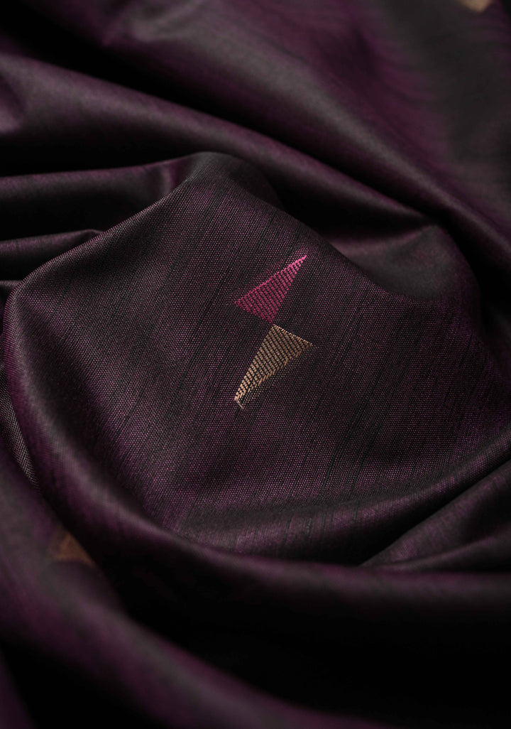 Dark Purple Kanchi Semi Silk Saree with Meenakari  Buttas and Multicolor Temple Border